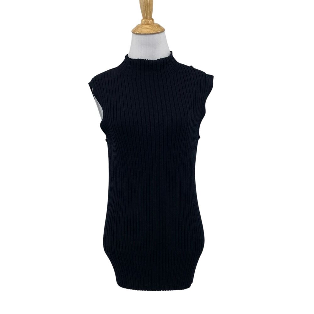 Lafayette 148 Sweater Womens M Medium Black Ribbed Mock Neck‎ Sleeveless Fitted